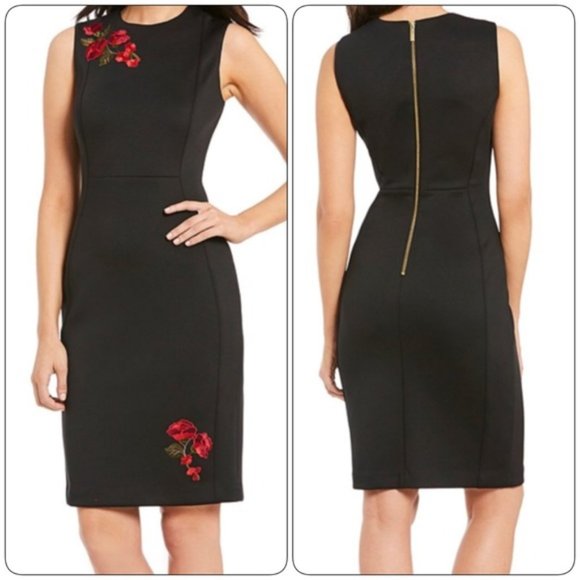 calvin klein black dress with embroidered flowers Calvin Klein Womens Chiffon Floral Wrap Dress Black 4